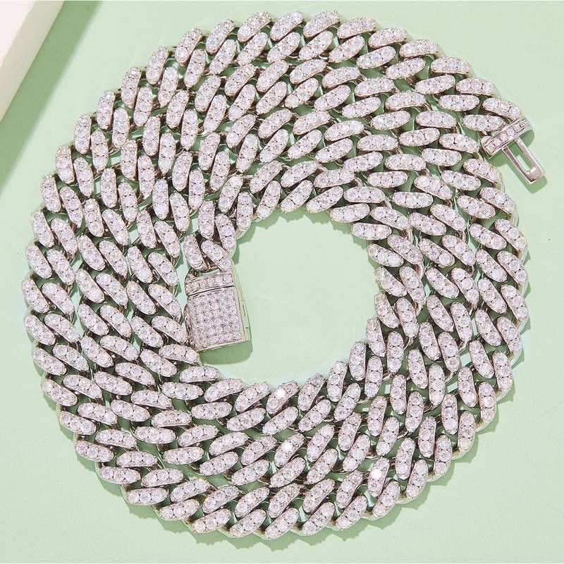 8mm宽Cuban ChainS925银镶Moissanite厘石圆形白色DVVS